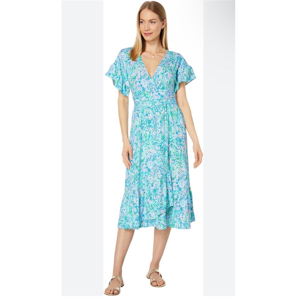 Lilly Pulitzer Midi‎ Dress Womens Small Blue Green Excellent Flutter Sleeve Wrap